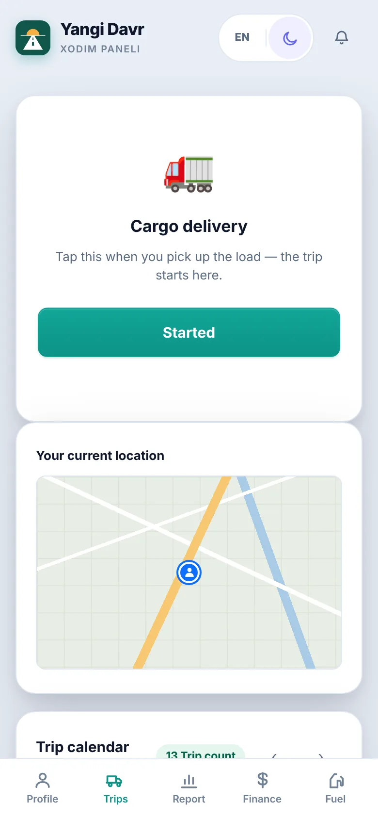 Driver app: the “Started” button and trip calendar
