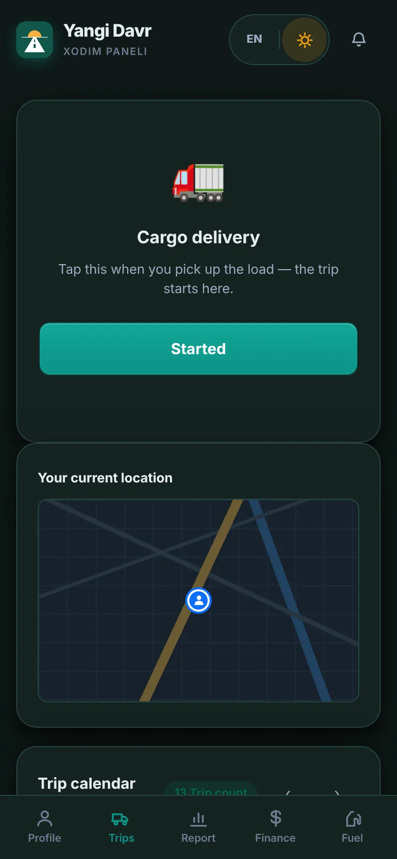 Driver app: the “Started” button and trip calendar