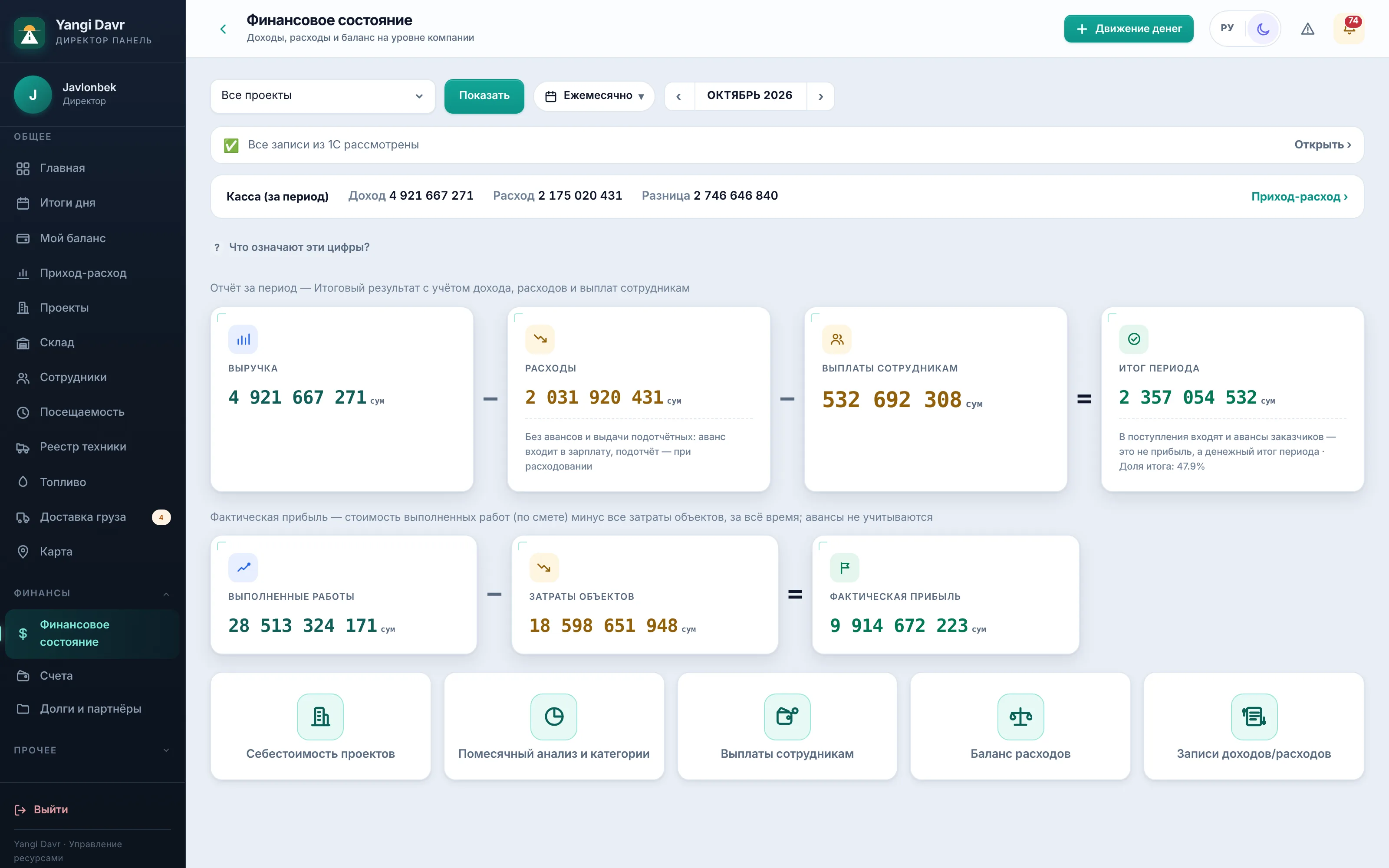 Финансовое состояние: выручка, расходы, выплаты сотрудникам и результат периода